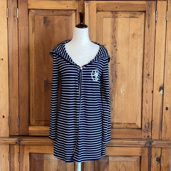 SPIRIT Blue & White Striped Cotton/ Modal Hooded Jersey Cardigan - Cover… - Picture 1 of 11
